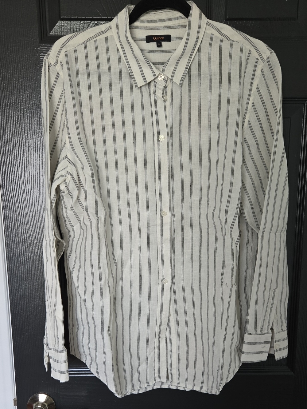 Quince Women's Linen White Button-Down Shirt with Black Stripes